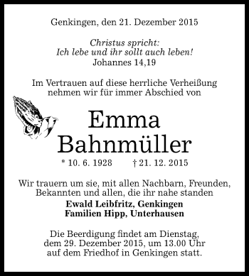 Anzeige von Emma Bahnmüller von Reutlinger Generalanzeiger