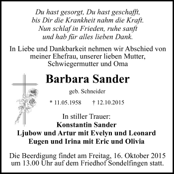 Anzeige von Barbara Sander von Reutlinger Generalanzeiger