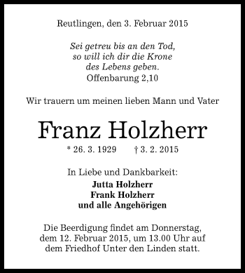 Anzeige von Franz Holzherr von Reutlinger Generalanzeiger