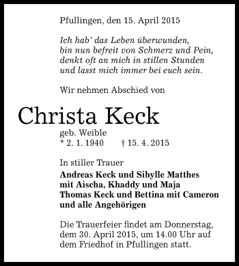 Anzeige von Christa Keck von Reutlinger Generalanzeiger