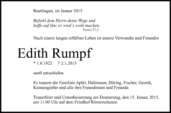 Anzeige von Edith Rumpf von Reutlinger Generalanzeiger