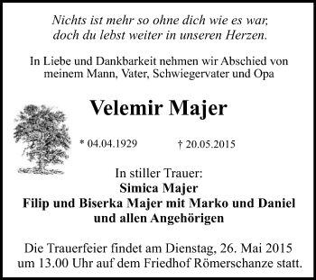 Anzeige von Velemir Majer von Reutlinger Generalanzeiger