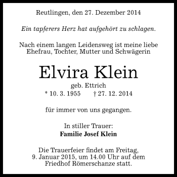 Anzeige von Elvira Klein von Reutlinger Generalanzeiger