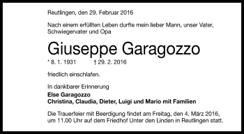 Anzeige von Giuseppe Garagozzo von Reutlinger Generalanzeiger