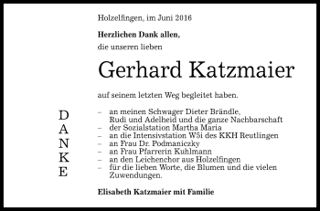 Anzeige von Gerhard Katzmaier von Reutlinger Generalanzeiger