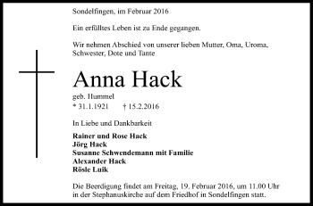 Anzeige von Anna Hack von Reutlinger Generalanzeiger