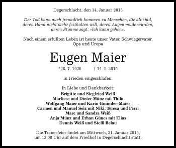 Anzeige von Eugen Maier von Reutlinger Generalanzeiger