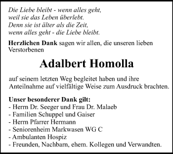 Anzeige von Adalbert Homolla von Reutlinger Generalanzeiger