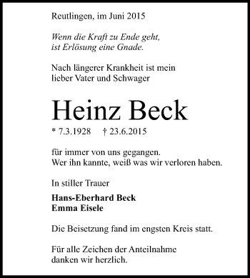 Anzeige von Heinz Beck von Reutlinger Generalanzeiger