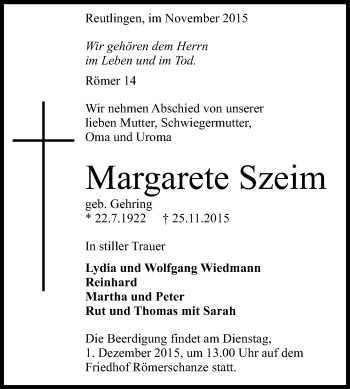 Anzeige von Margarete Szeim von Reutlinger Generalanzeiger