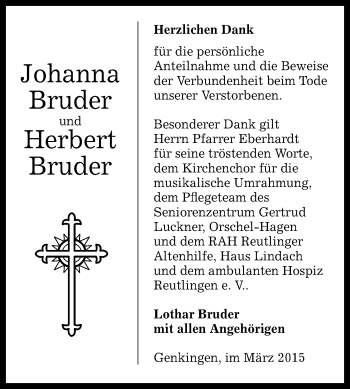 Anzeige von Johanna und Herbert Bruder von Reutlinger Generalanzeiger