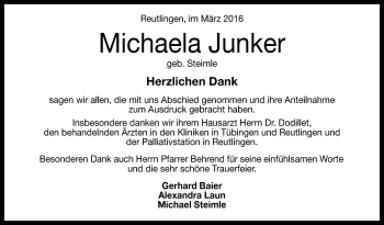 Anzeige von Michaela Junker von Reutlinger Generalanzeiger