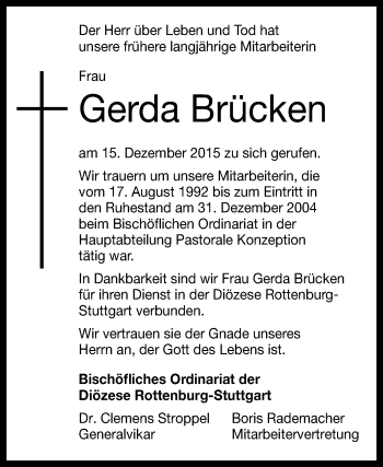 Anzeige von Gerda Brücken von Reutlinger Generalanzeiger