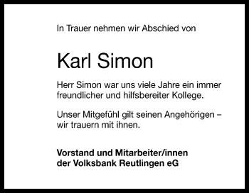 Anzeige von Karl Simon von Reutlinger Generalanzeiger