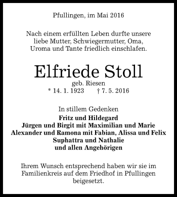 Anzeige von Elfriede Stoll von Reutlinger Generalanzeiger