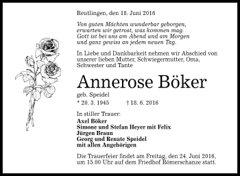 Anzeige von Annerose Böker von Reutlinger Generalanzeiger