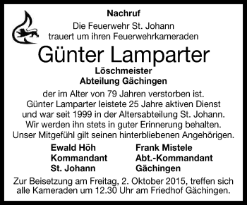 Anzeige von Günter Lamparter von Reutlinger Generalanzeiger