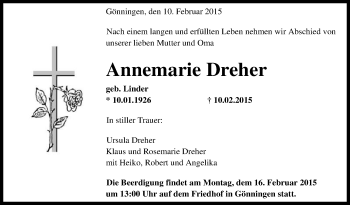 Anzeige von Annemarie Dreher von Reutlinger Generalanzeiger
