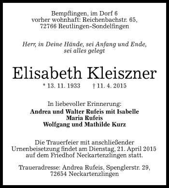 Anzeige von Elisabeth Kleiszner von Reutlinger Generalanzeiger