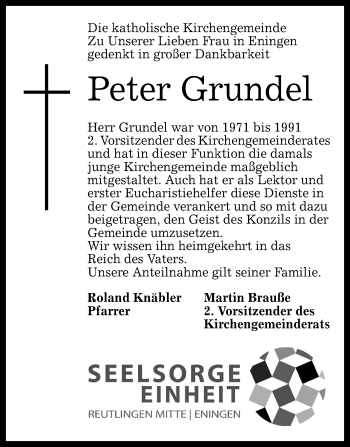 Anzeige von Peter Grundel von Reutlinger Generalanzeiger