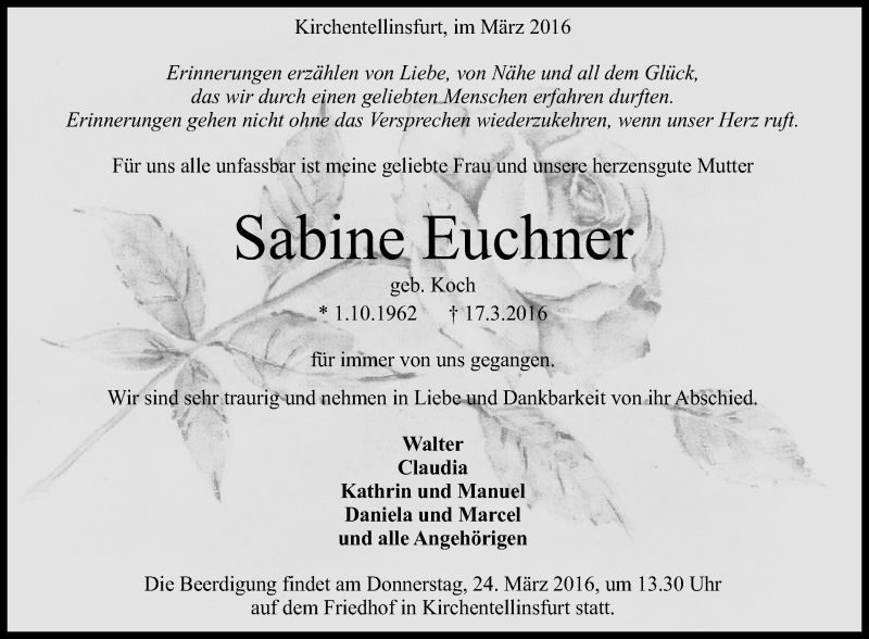  Traueranzeige für Sabine Euchner vom 21.03.2016 aus Reutlinger Generalanzeiger