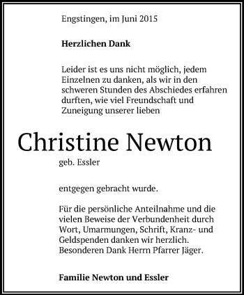 Anzeige von Christine Newton von Reutlinger Generalanzeiger