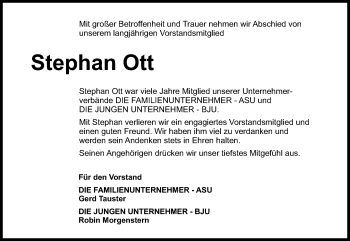Anzeige von Stephan Ott von Reutlinger Generalanzeiger