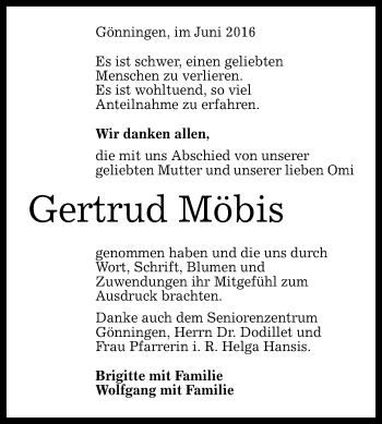 Anzeige von Gertrud Möbis von Reutlinger Generalanzeiger