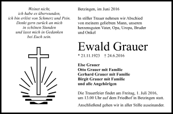 Anzeige von Ewald Grauer von Reutlinger Generalanzeiger