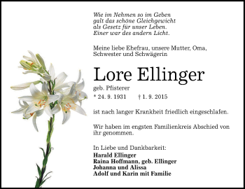 Anzeige von Lore Ellinger von Reutlinger Generalanzeiger