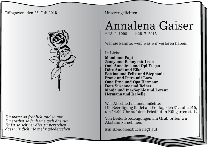  Traueranzeige für Annalena Gaiser vom 29.07.2015 aus Reutlinger Generalanzeiger