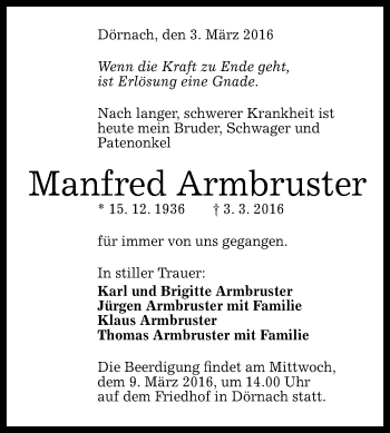 Anzeige von Manfred Armbruster von Reutlinger Generalanzeiger