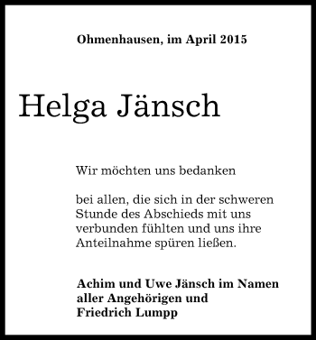 Anzeige von Helga Jänsch von Reutlinger Generalanzeiger