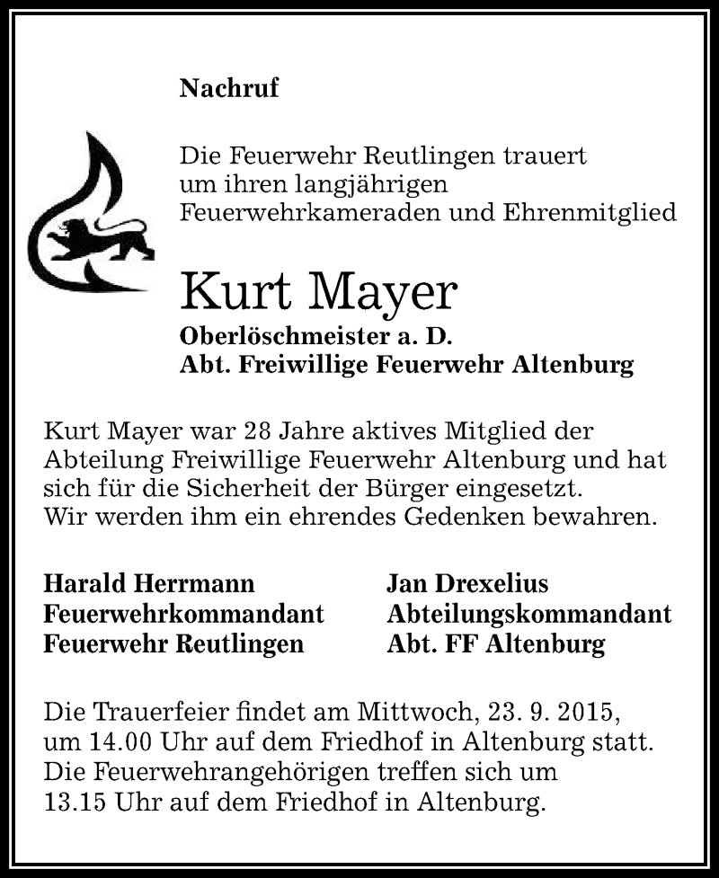  Traueranzeige für Kurt Mayer vom 23.09.2015 aus Reutlinger Generalanzeiger