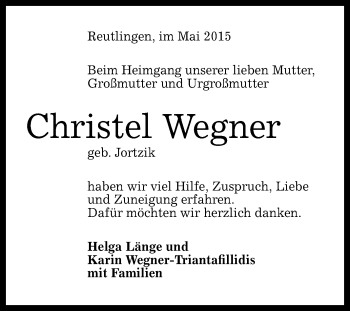 Anzeige von Christel Wegner von Reutlinger Generalanzeiger