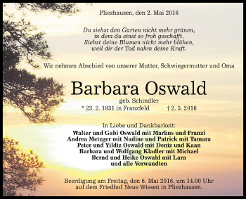 Anzeige von Barbara Oswald von Reutlinger Generalanzeiger