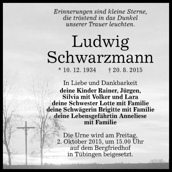 Anzeige von Ludwig Schwarzmann von Reutlinger Generalanzeiger