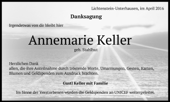 Anzeige von Annemarie Keller von Reutlinger Generalanzeiger