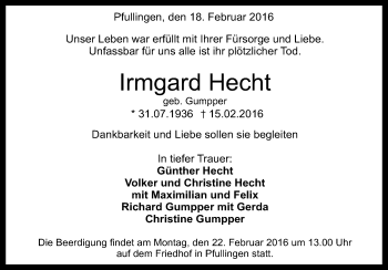 Anzeige von Irmgard Hecht von Reutlinger Generalanzeiger