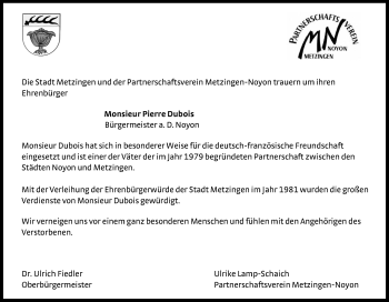Anzeige von Pierre Dubois von Reutlinger Generalanzeiger