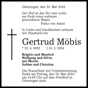 Anzeige von Gertrud Möbis von Reutlinger Generalanzeiger