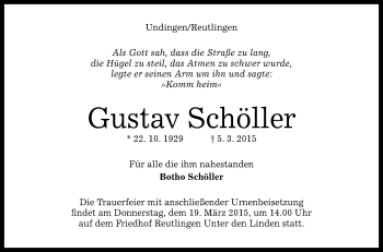 Anzeige von Gustav Schöller von Reutlinger Generalanzeiger