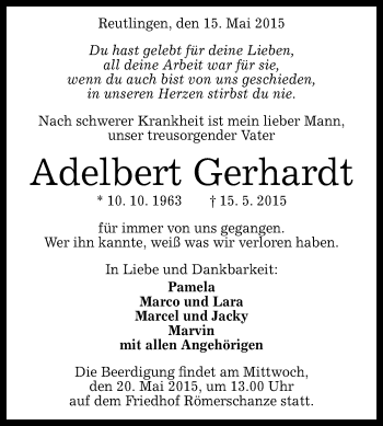 Anzeige von Adelbert Gerhardt von Reutlinger Generalanzeiger