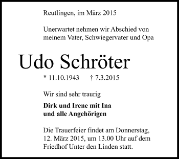Anzeige von Udo Schröter von Reutlinger Generalanzeiger