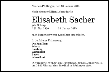 Anzeige von Elisabeth Sacher von Reutlinger Generalanzeiger