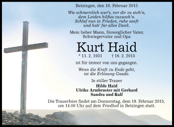 Anzeige von Kurt Haid von Reutlinger Generalanzeiger