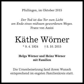 Anzeige von Käthe Wörner von Reutlinger Generalanzeiger