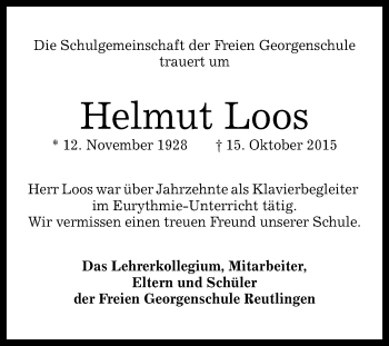 Anzeige von Helmut Loos von Reutlinger Generalanzeiger