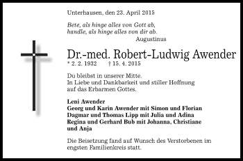 Anzeige von Robert-Ludwig Awender von Reutlinger Generalanzeiger