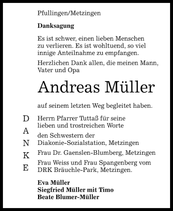 Anzeige von Andreas Müller von Reutlinger Generalanzeiger